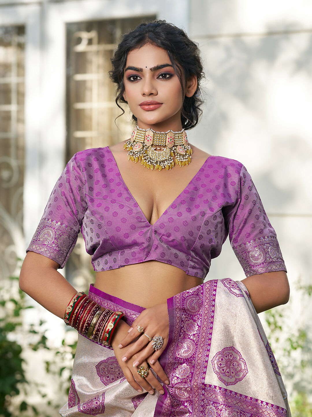 Shree Shyam Fashion Cream With Purple Silk Blend Saree