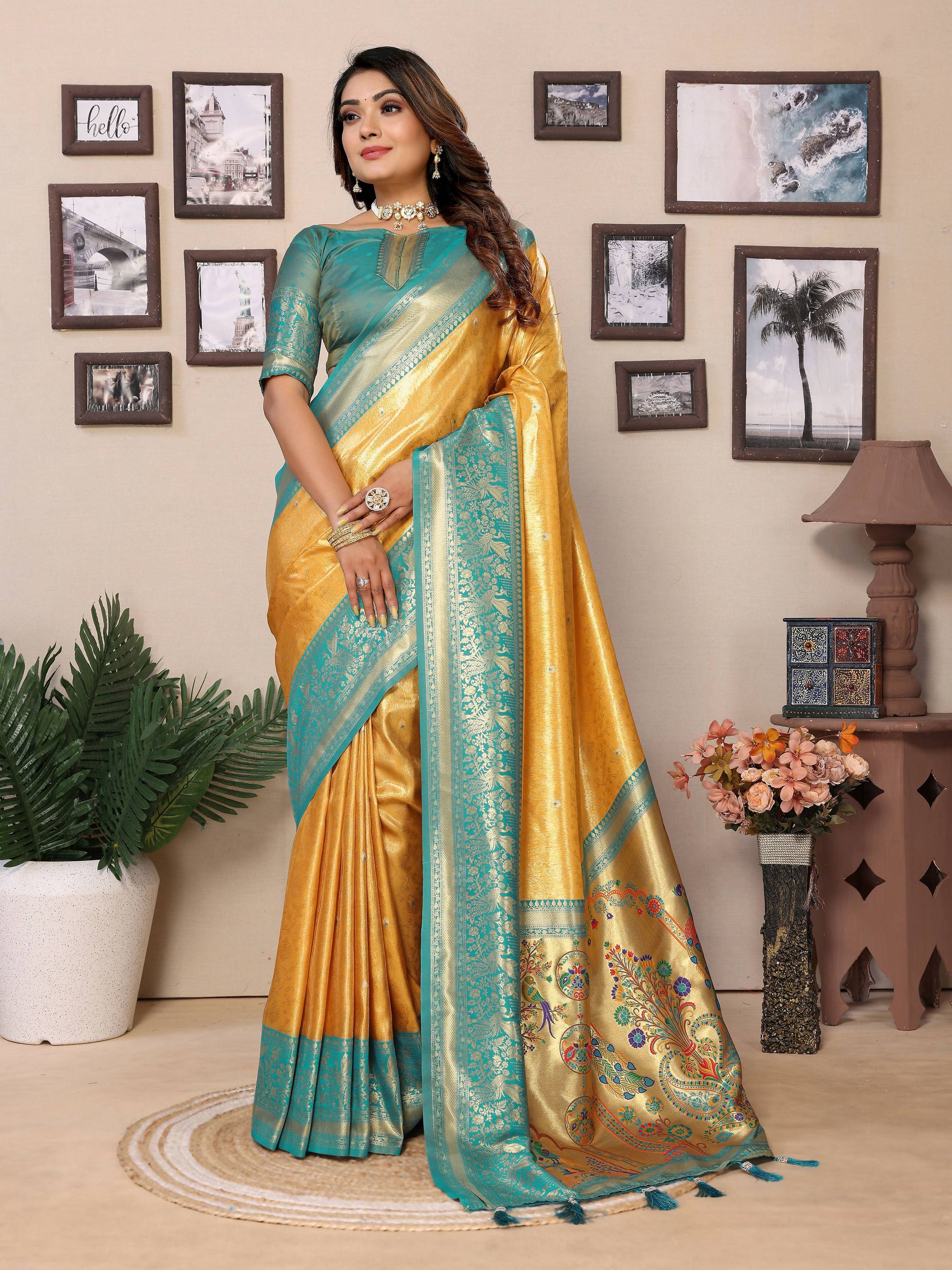 Aastha Fashion Yellow Tissue Silk Weaving Saree
