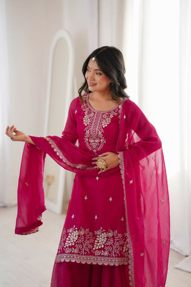 Lehenga Mart Designer Sharara Suit With Kurta, Sharara, Dupatta For Women-Dark Rani