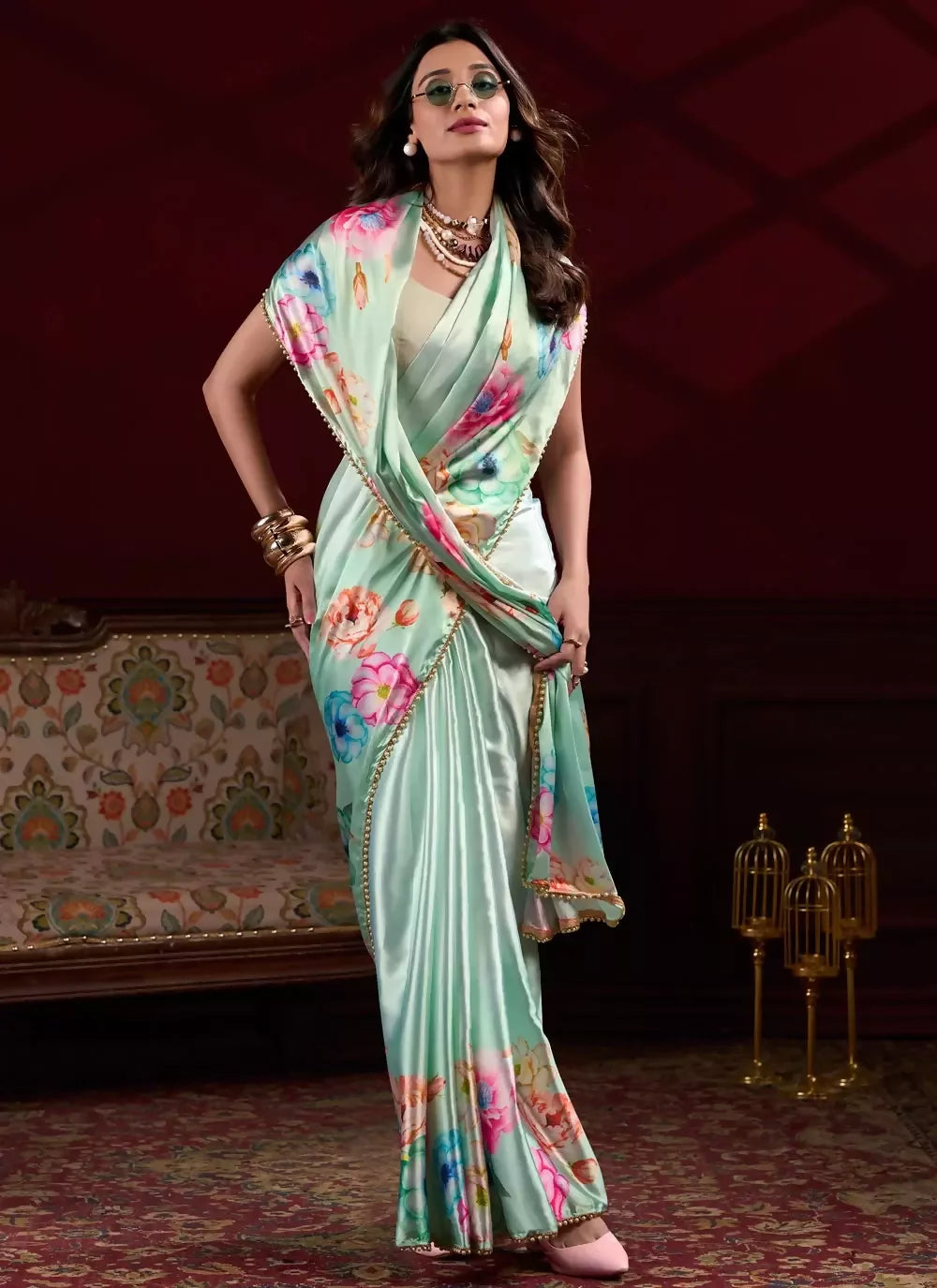 Vastranavya Pista Satin Silk Floral Printed with Pearl Lace Saree with Unstitched Blouse