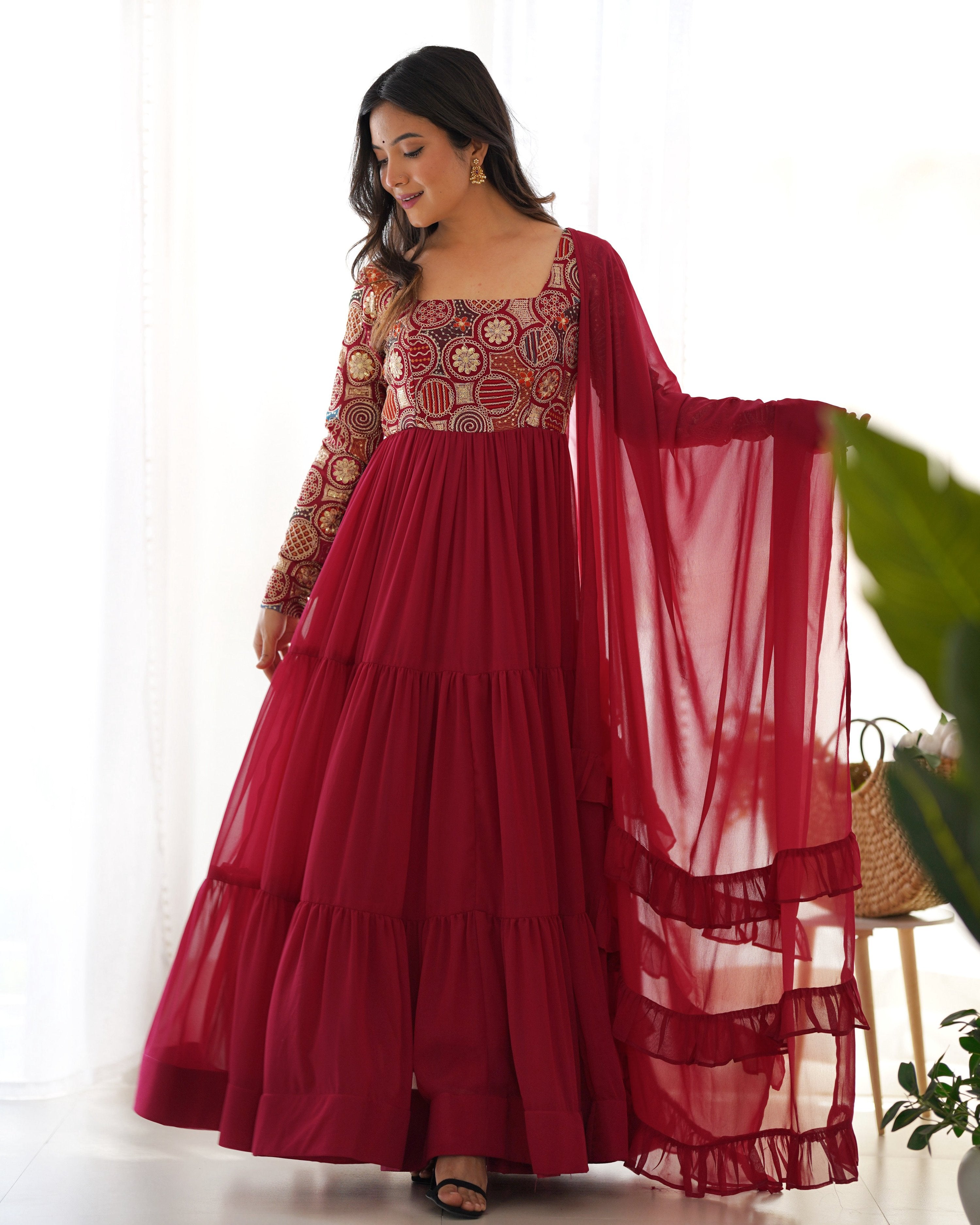 Evanik Women Maroon Festive Wear Embroidered Anarkali Kurta with Dupatta