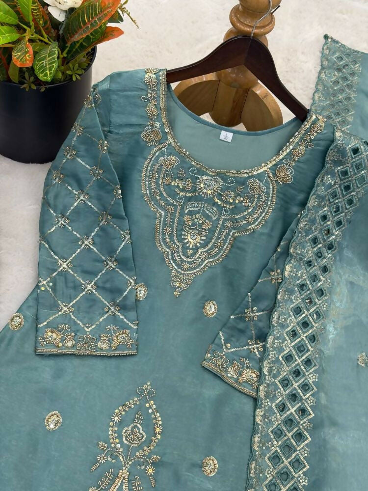 Teeya Creation Teal Color Gimmychu Silk Embroidery Work Wedding Wear Salwar Suit