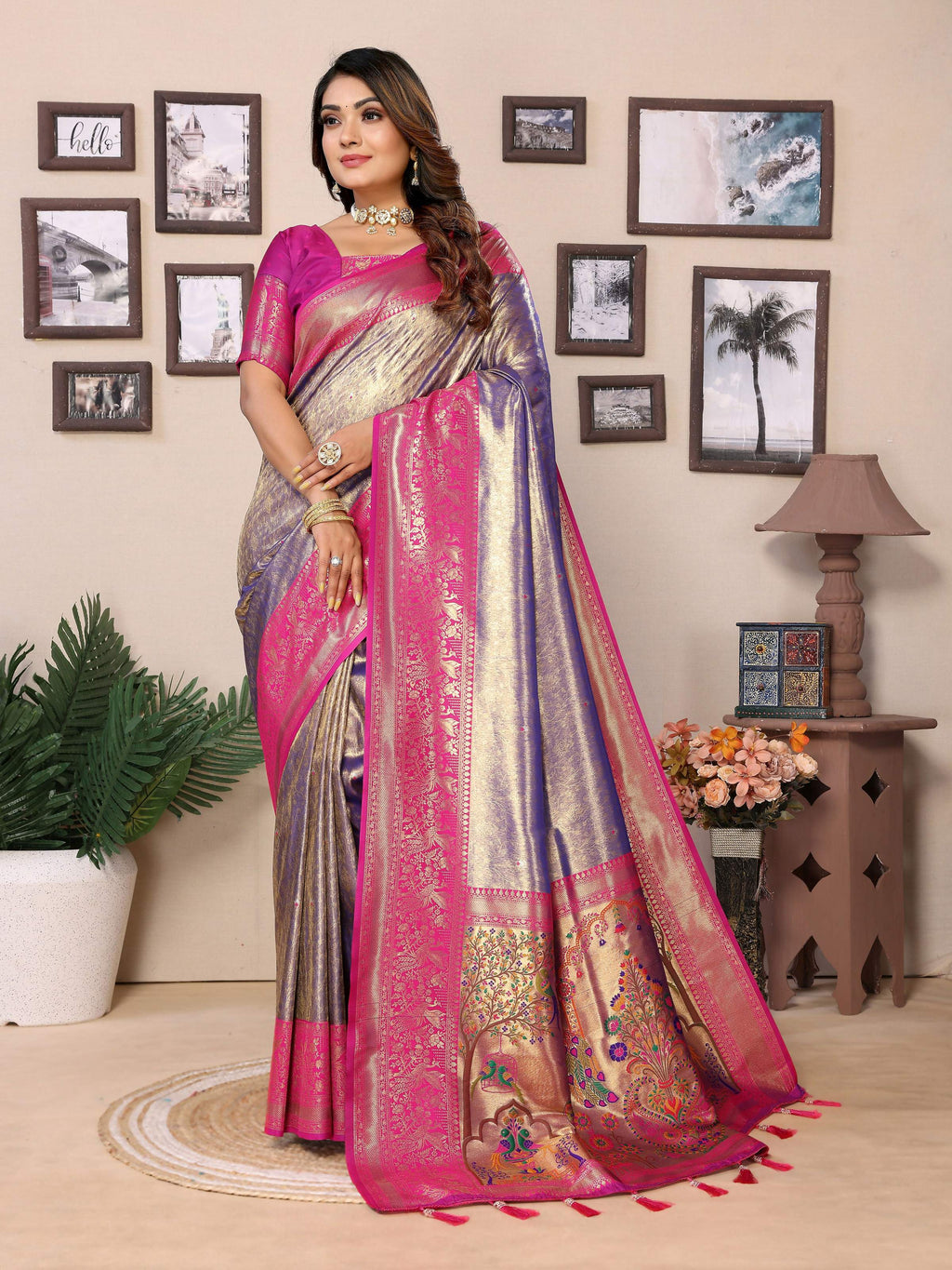 Aastha Fashion Purple Tissue Silk Weaving Saree
