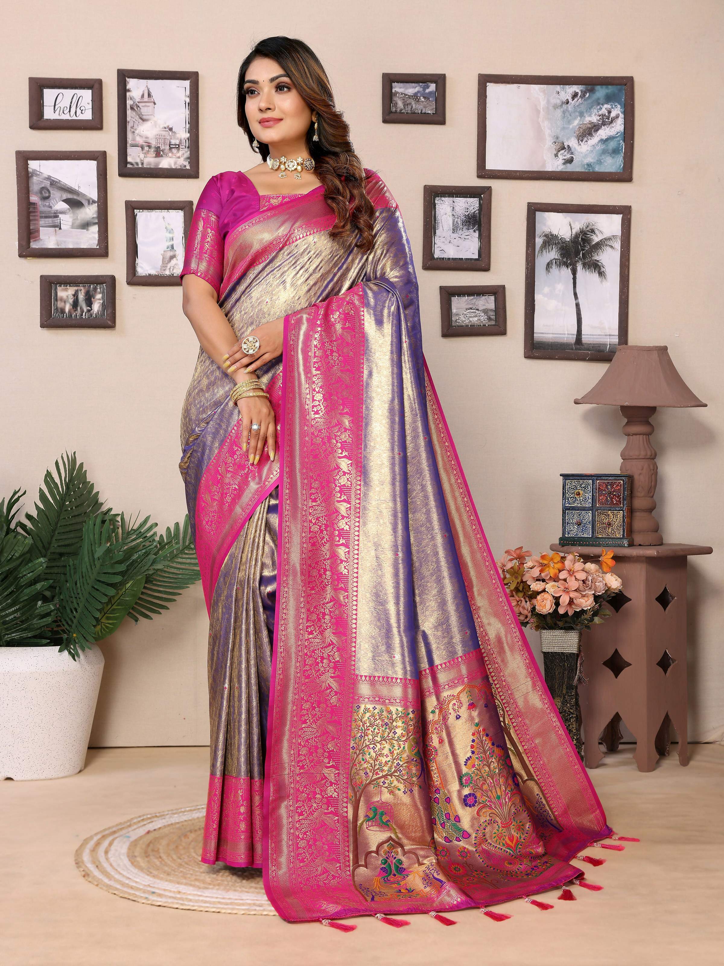 Aastha Fashion Purple Tissue Silk Weaving Saree