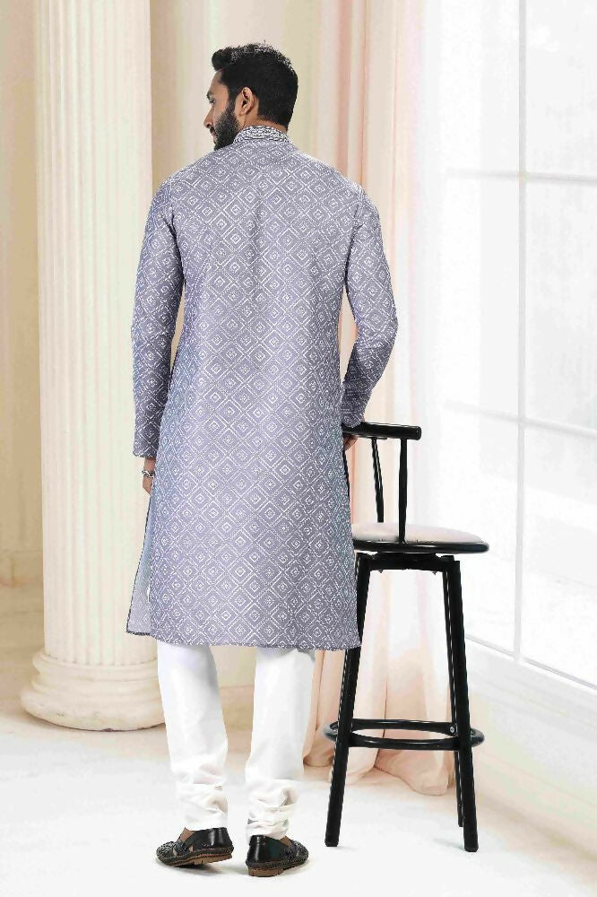 Raivat Ethnic Cotton Thread Work Kurta Pajama In Grey Colour