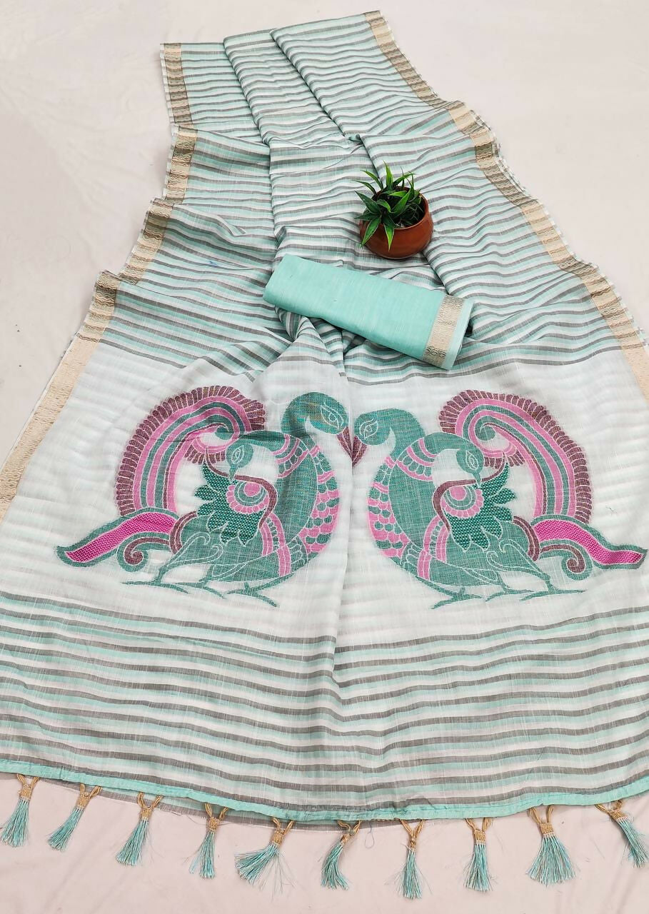 Vastranavya Sky Blue Linen Cotton Meenakari Weaving Pallu Saree with Contrast Blouse