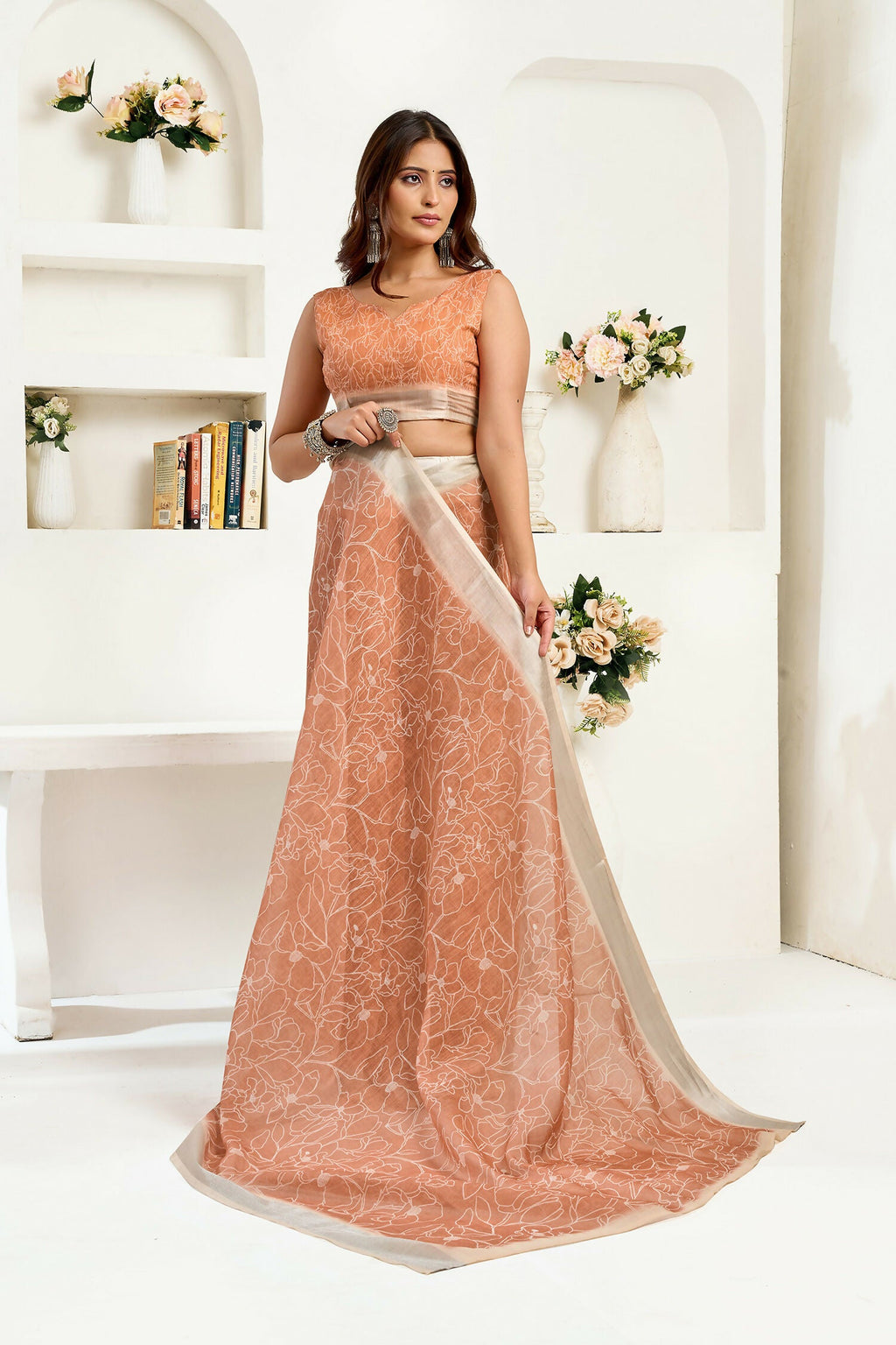 Joban Fashion Rust Brown Floral Linen Ready To Wear Saree With Unstitched Blouse
