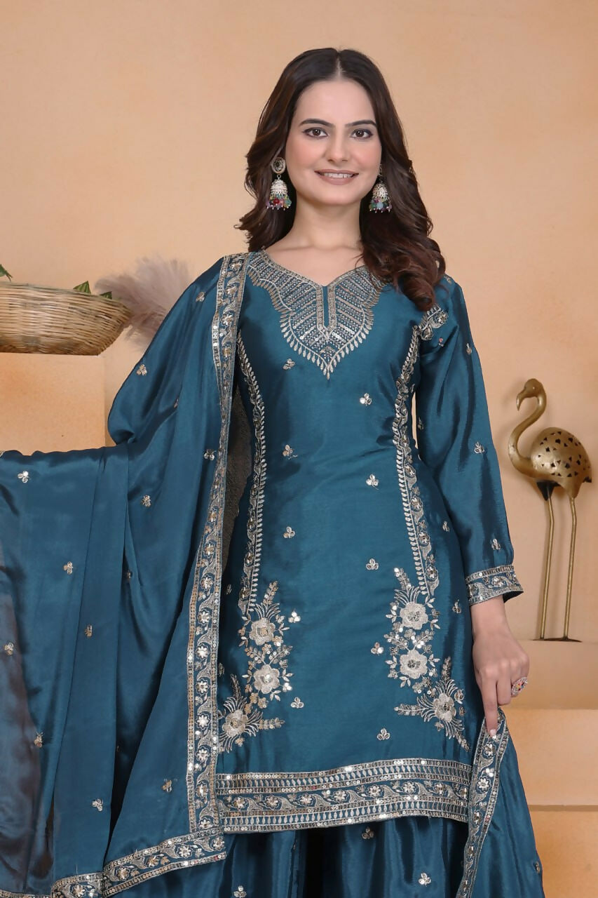 Joban Fashion Teal Crepe Embroidered Sharara Set