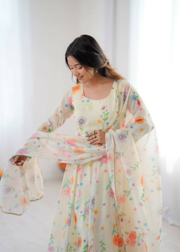 Teeya Creation Off White Soft Organza Digital Printed Party Wear Long Gown