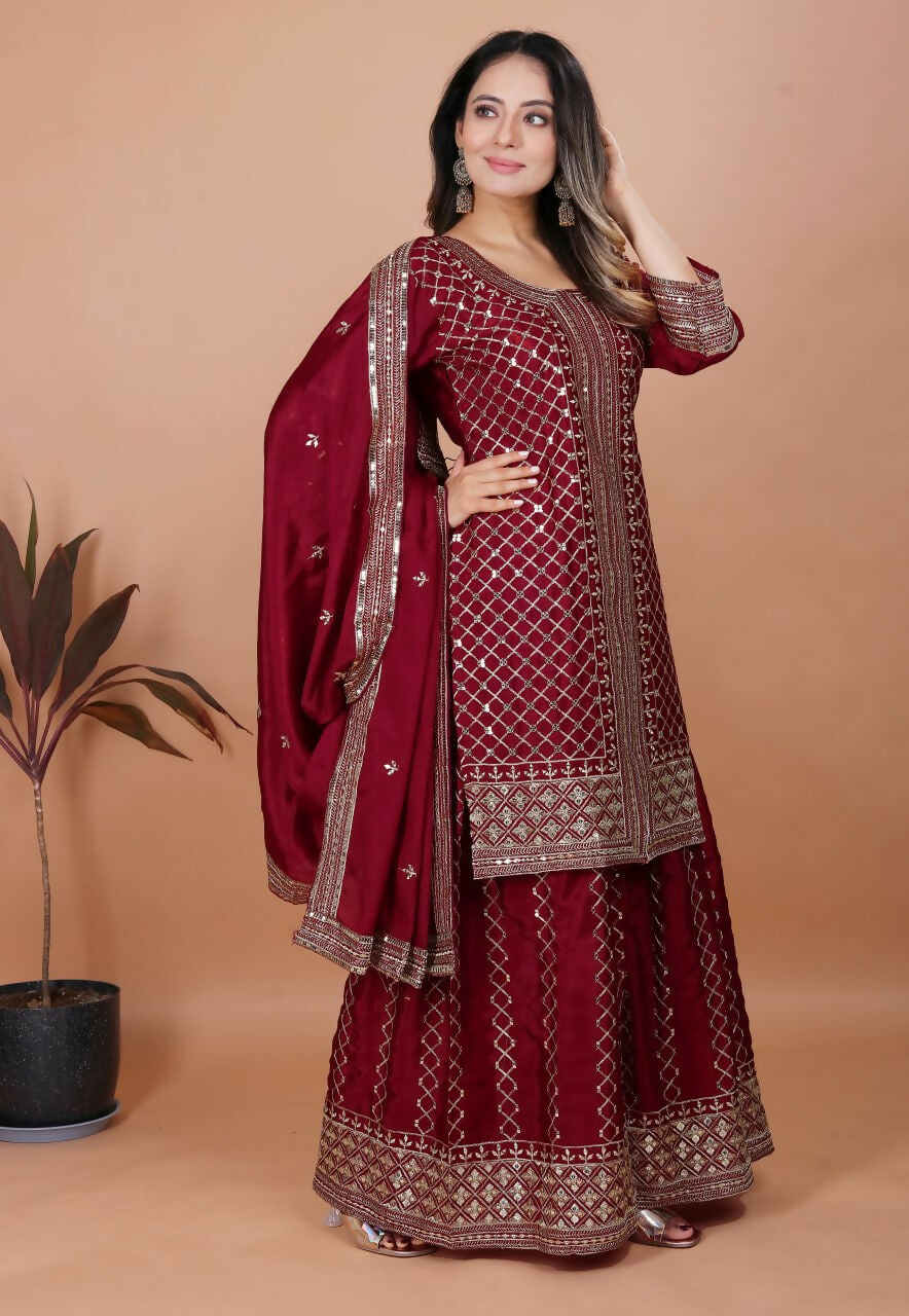 Teeya Creation Maroon Color Chinon Silk Embroidery Work Palazzo Set