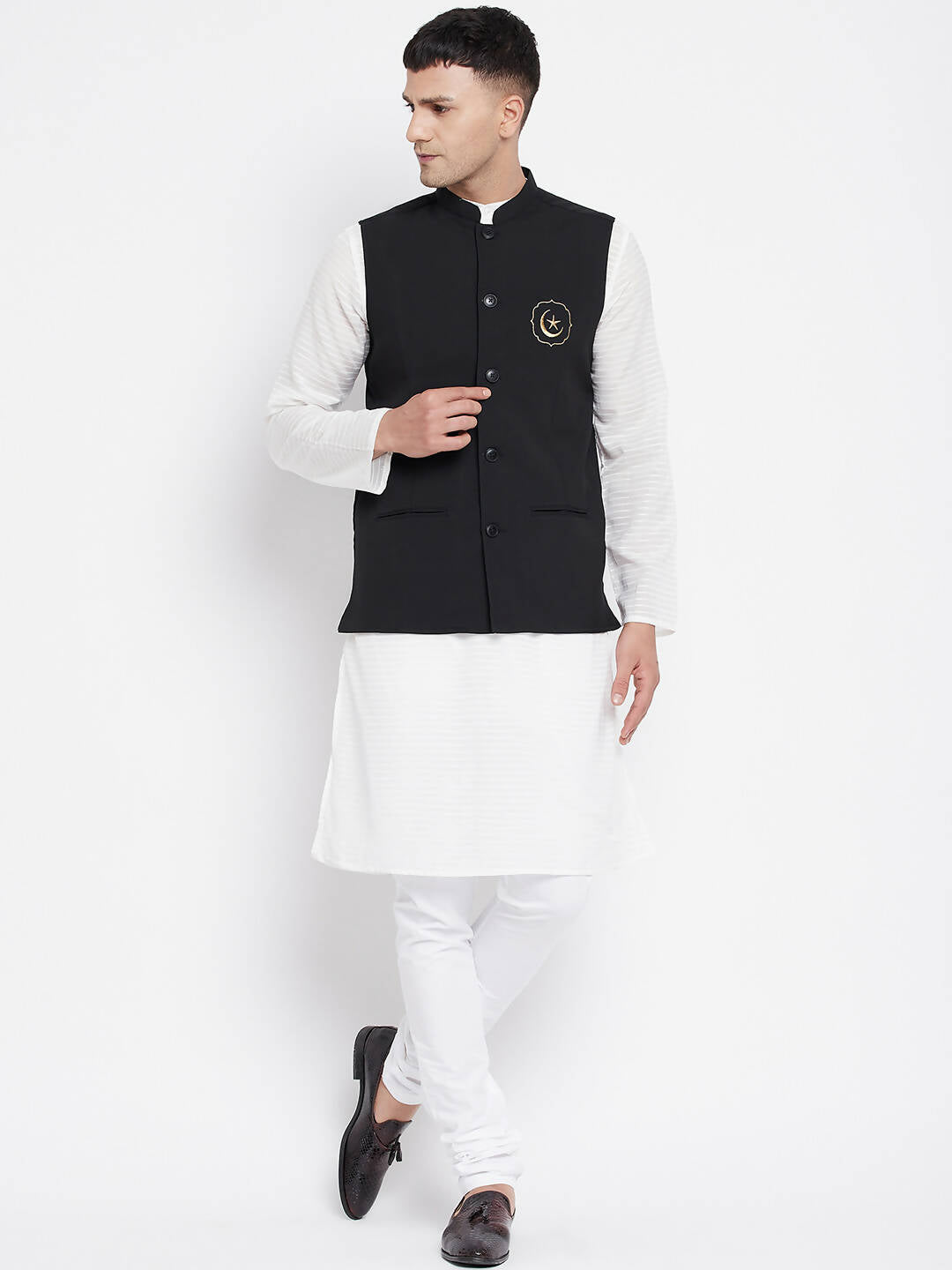 Even Apparels Black Pure Cotton Nehru Jacket With Eid Insignia PW668