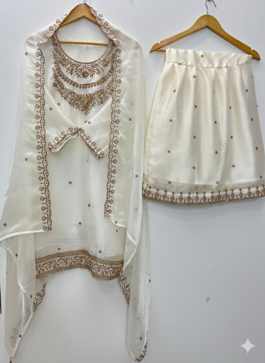 Teeya Creation Cream Color Fendy Satin Silk Heavy Embroidery Work Sharara Suit