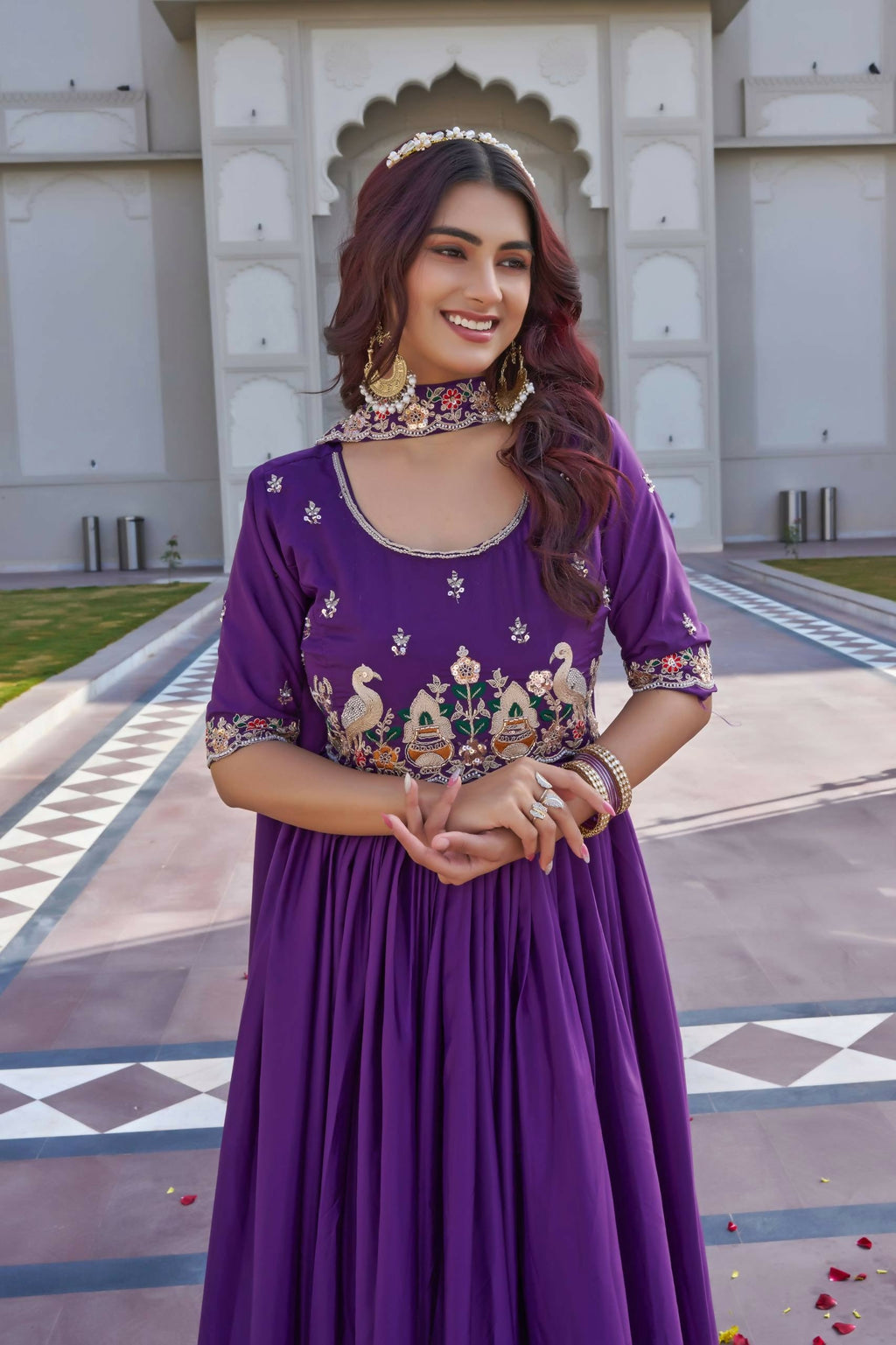 Teeya Creation Womens New Trendy Heavy Cording Sequence & Beads Embroidery Work Purple Gown Set