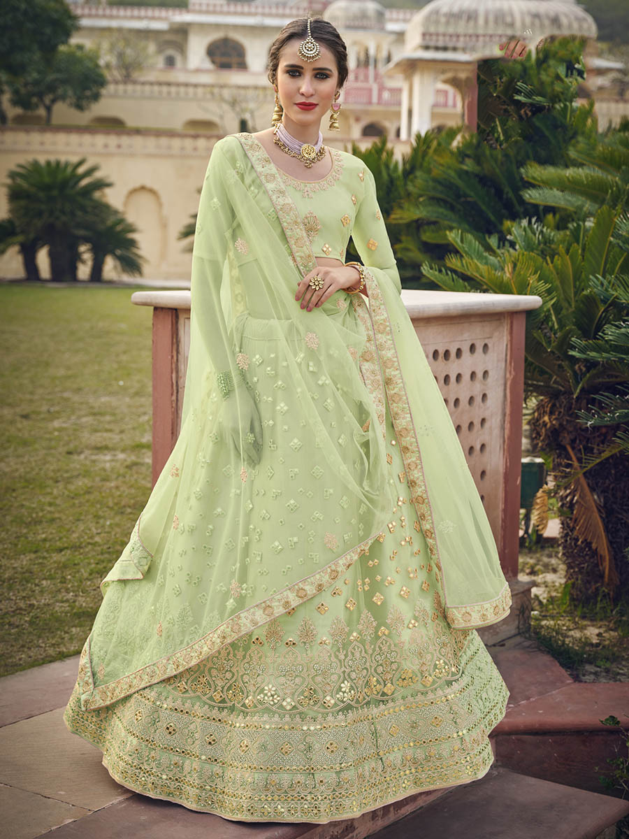 Myra Mint Green Net Heavy Embroidered Designer Lehenga