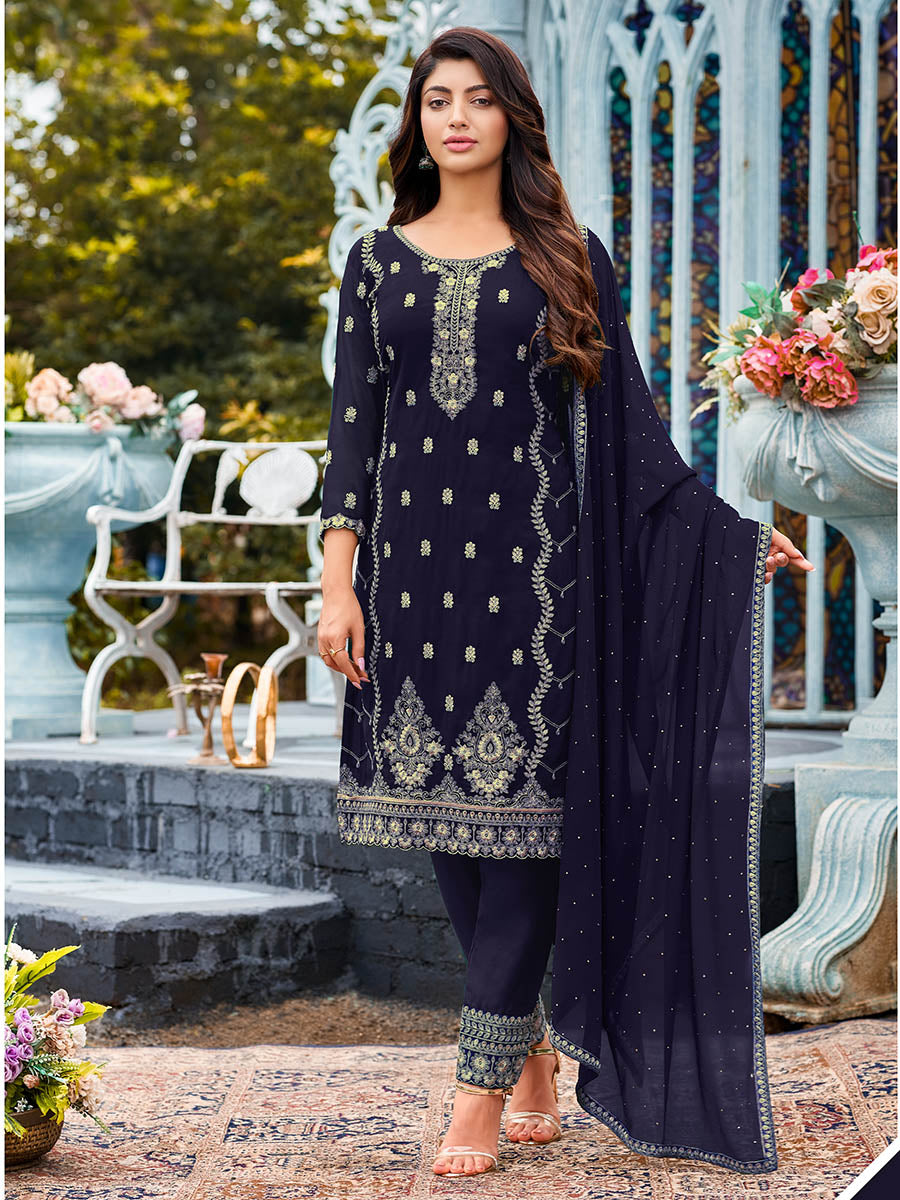 Myra Navy Blue Heavy Faux Georgette Embroidered Pant Style Suit