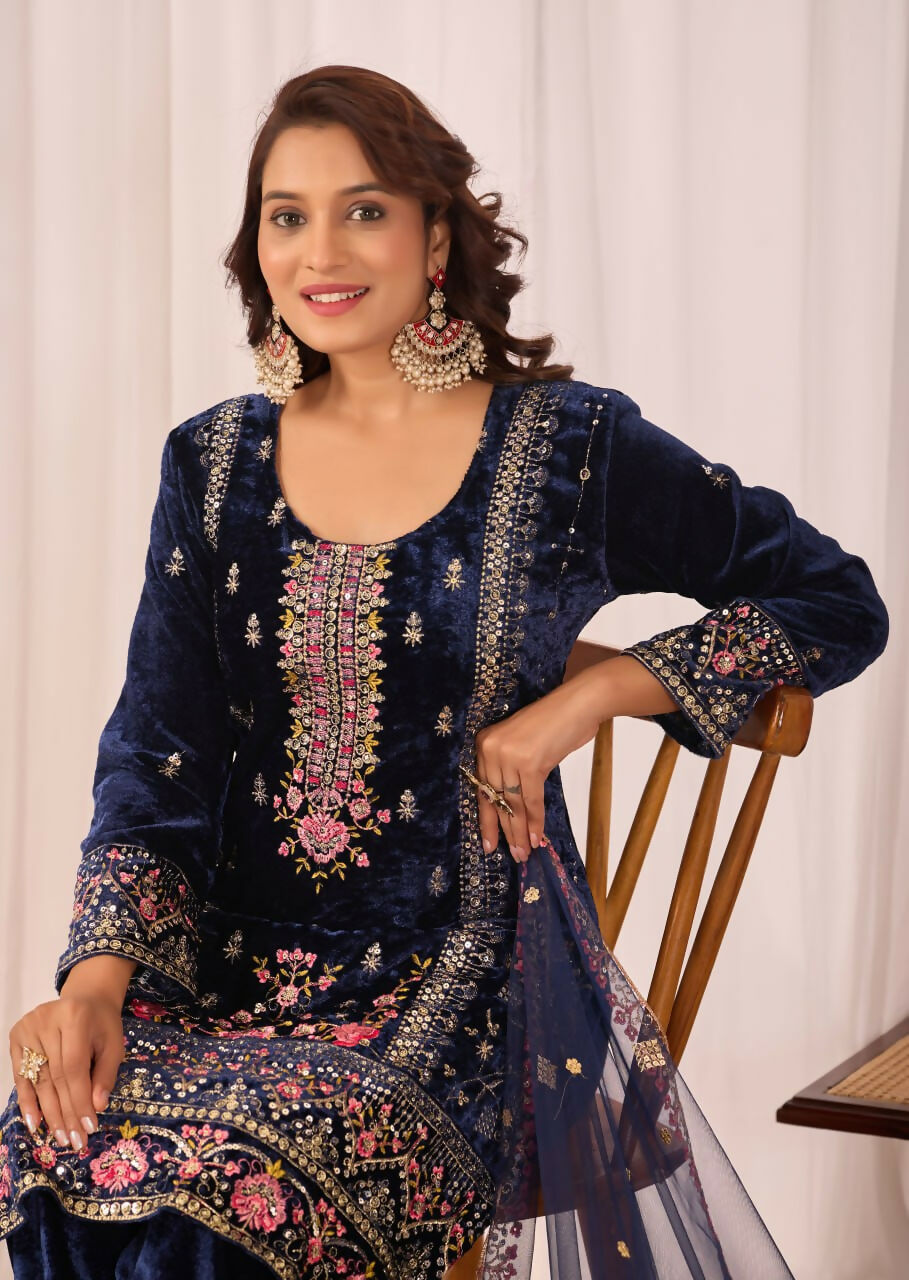 Joban Fashion Blue Kurta Set Velvet Embroidery Sequence Work