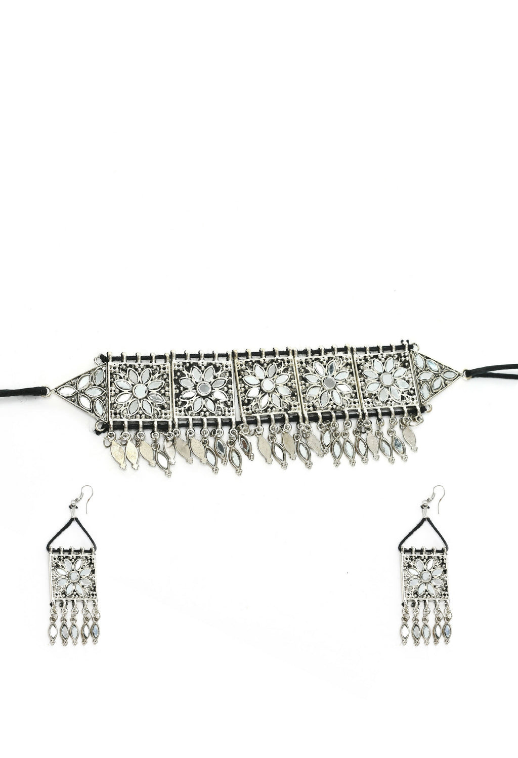 Mominos Fashion Johar Kamal Women Silver-Plated Brass Finish Mirror Work Choker