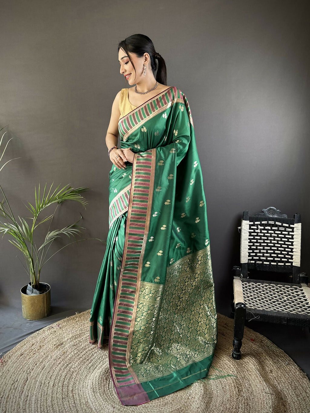 Joban Fashion Green Woven Zari Motifs Lichi Silk Banarasi Silk Saree