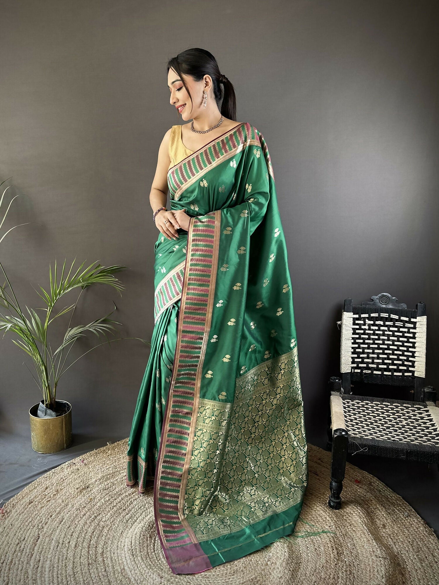Joban Fashion Green Woven Zari Motifs Lichi Silk Banarasi Silk Saree