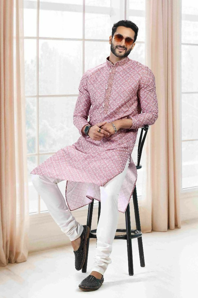 Raivat Ethnic Cotton Thread Work Kurta Pajama In Baby Pink Colour