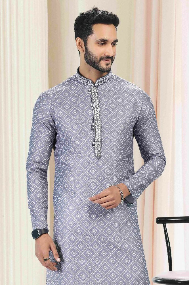 Raivat Ethnic Cotton Thread Work Kurta Pajama In Grey Colour