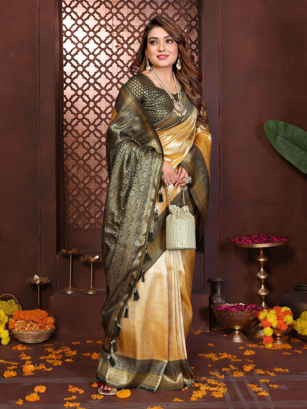 Aastha Fashion Cream Tissue Silk Woven Saree
