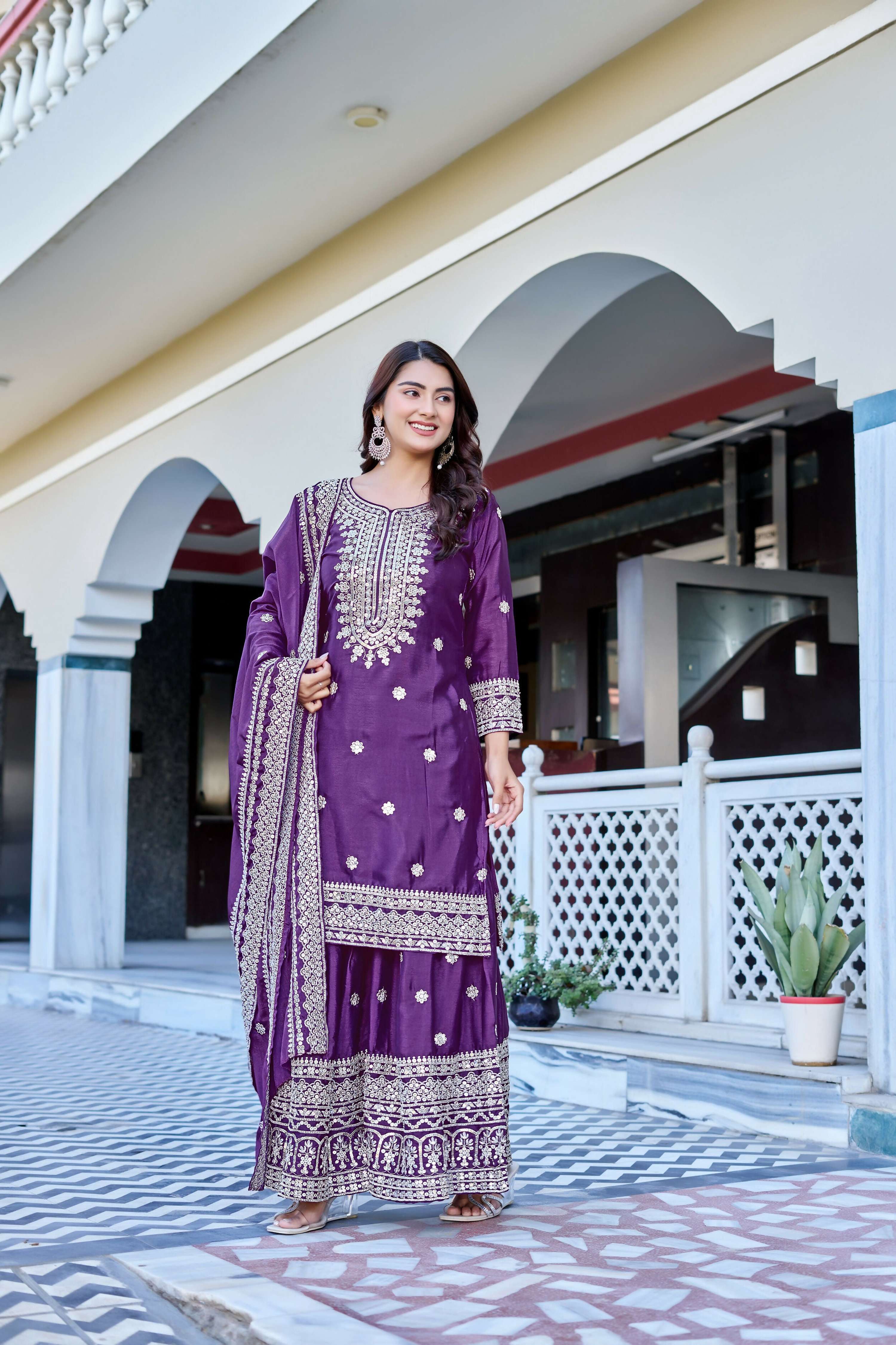 Teeya Creation Wine Color Chinon Silk Heavy Embroidery Work Wedding Wear Sharara
