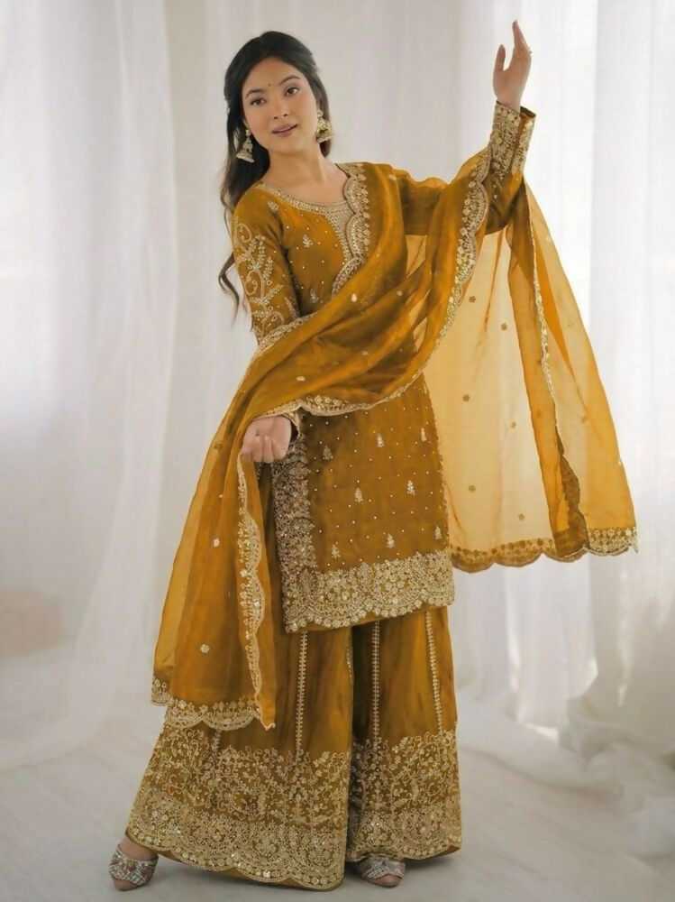 Teeya Creation Yellow Color Fendy Silk Embroidery Work Wedding Wear Salwar Suit