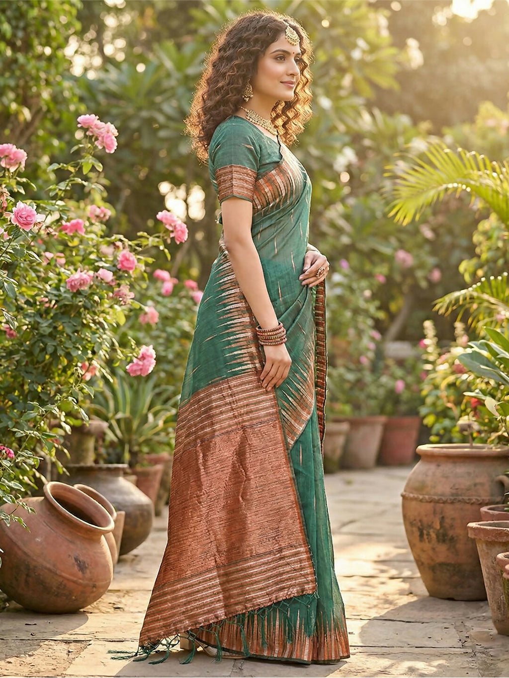 Shree Shyam Fashion Green Linen Cotton Saree