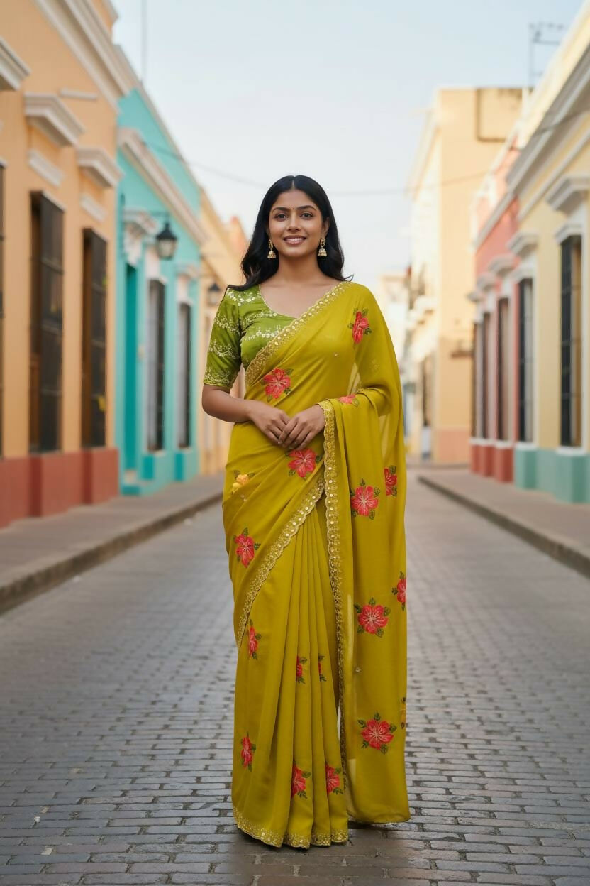 Teeya Creation Yellow Rangoli Silk Embroidery Work Party Wear Designer Saree