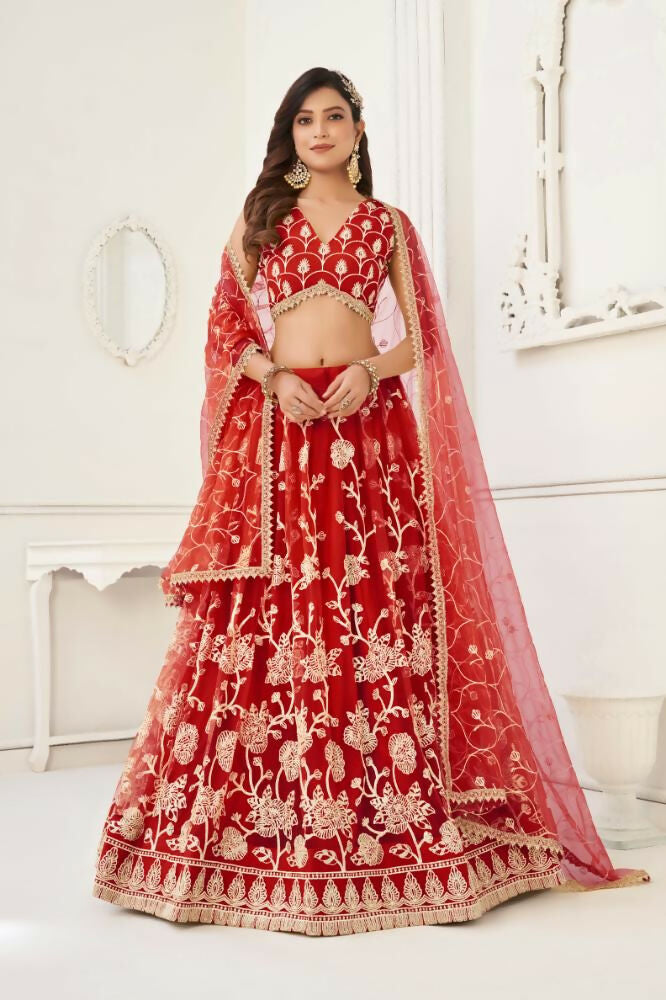 Aastha Fashion Red Butterfly Net White Cotton Thread Work And Sequence Work Embroidery Wedding Wear Lehenga Choli
