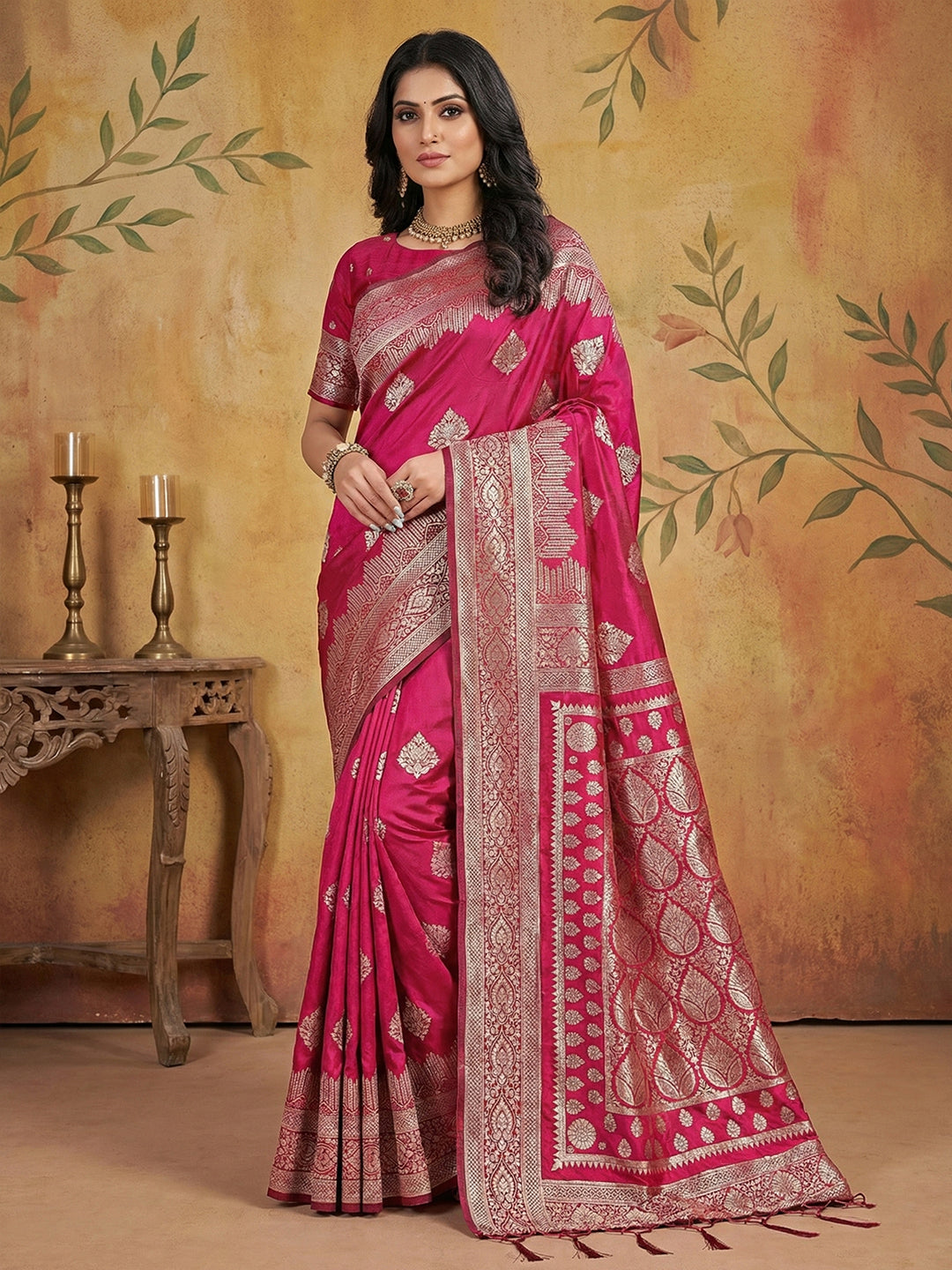 Anaita Magenta Silk Blend Woven Saree With Blouse