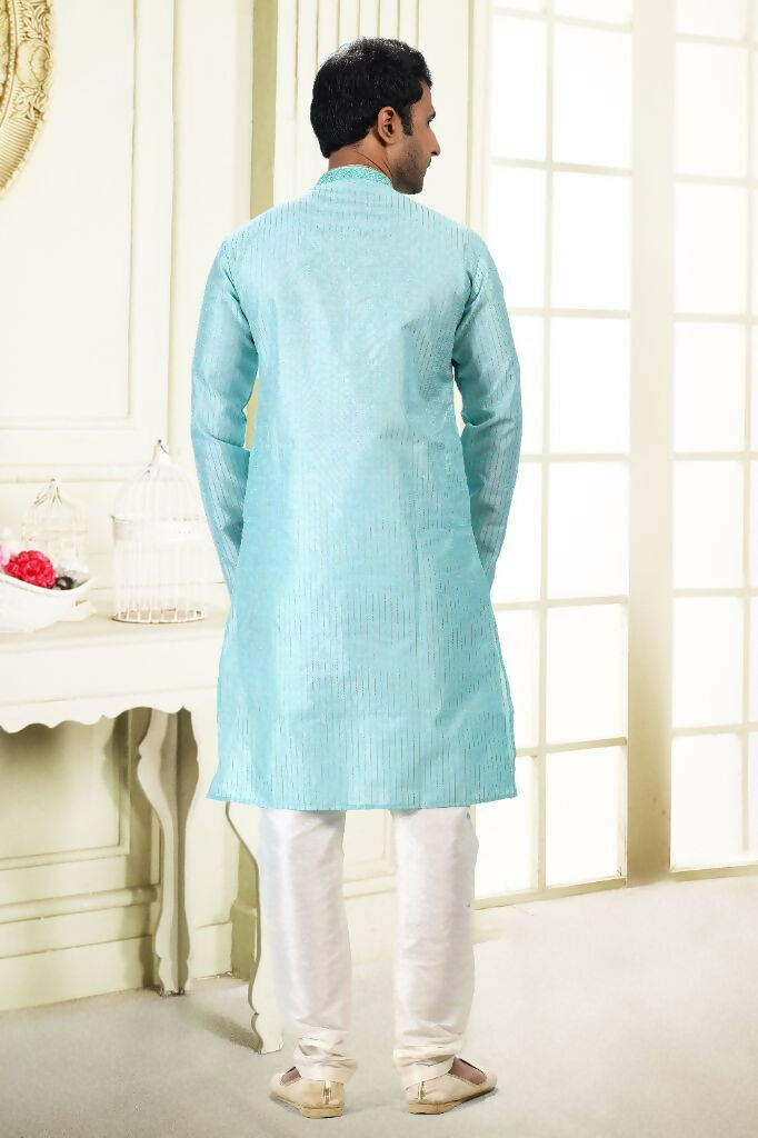 Raivat Ethnic Jacquard Art Silk Thread Work Kurta Pajama In Sky Blue Colour