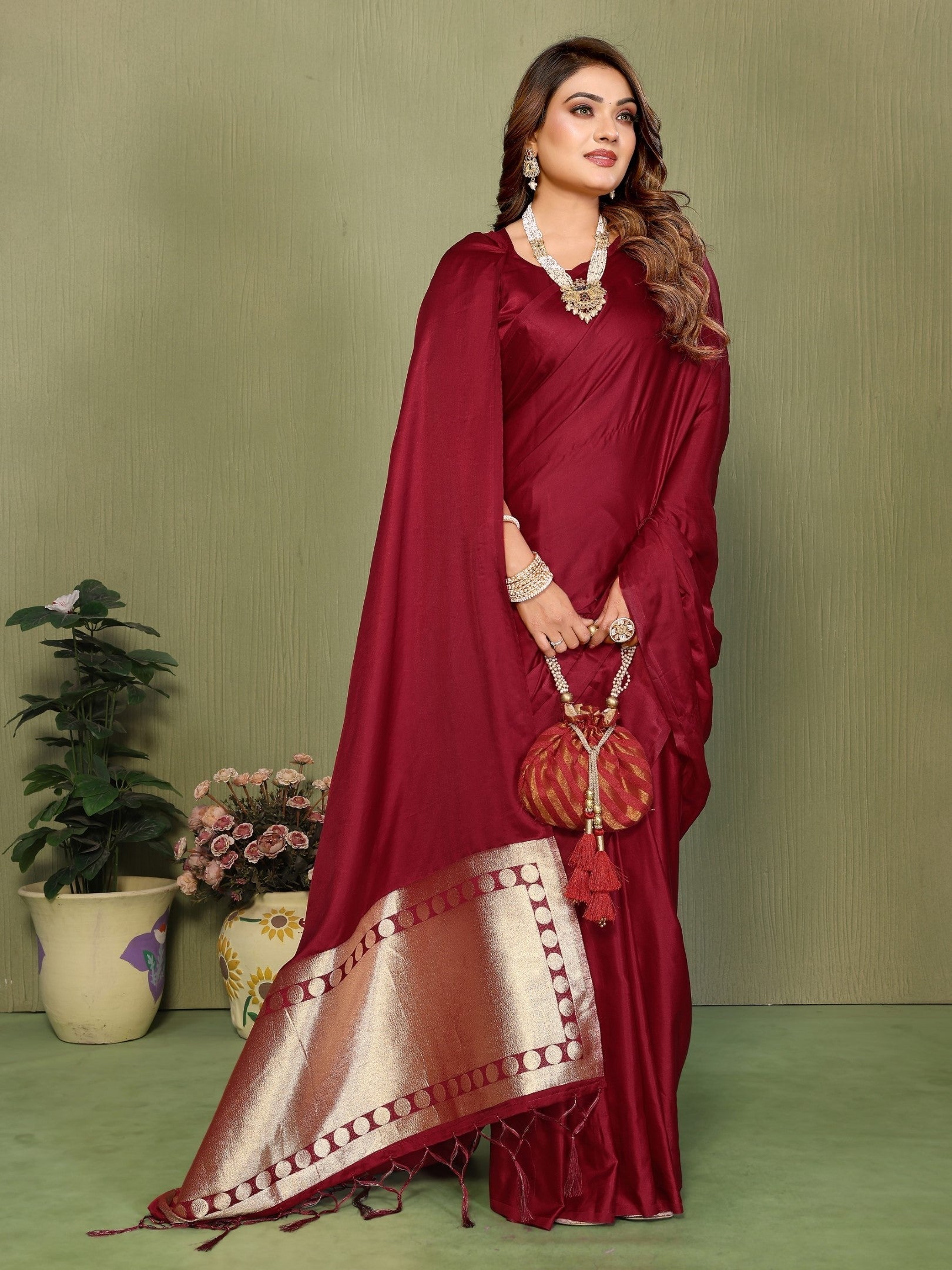 Anaita Maroon Zari Weaving Work Satin Silk Saree With Blouse