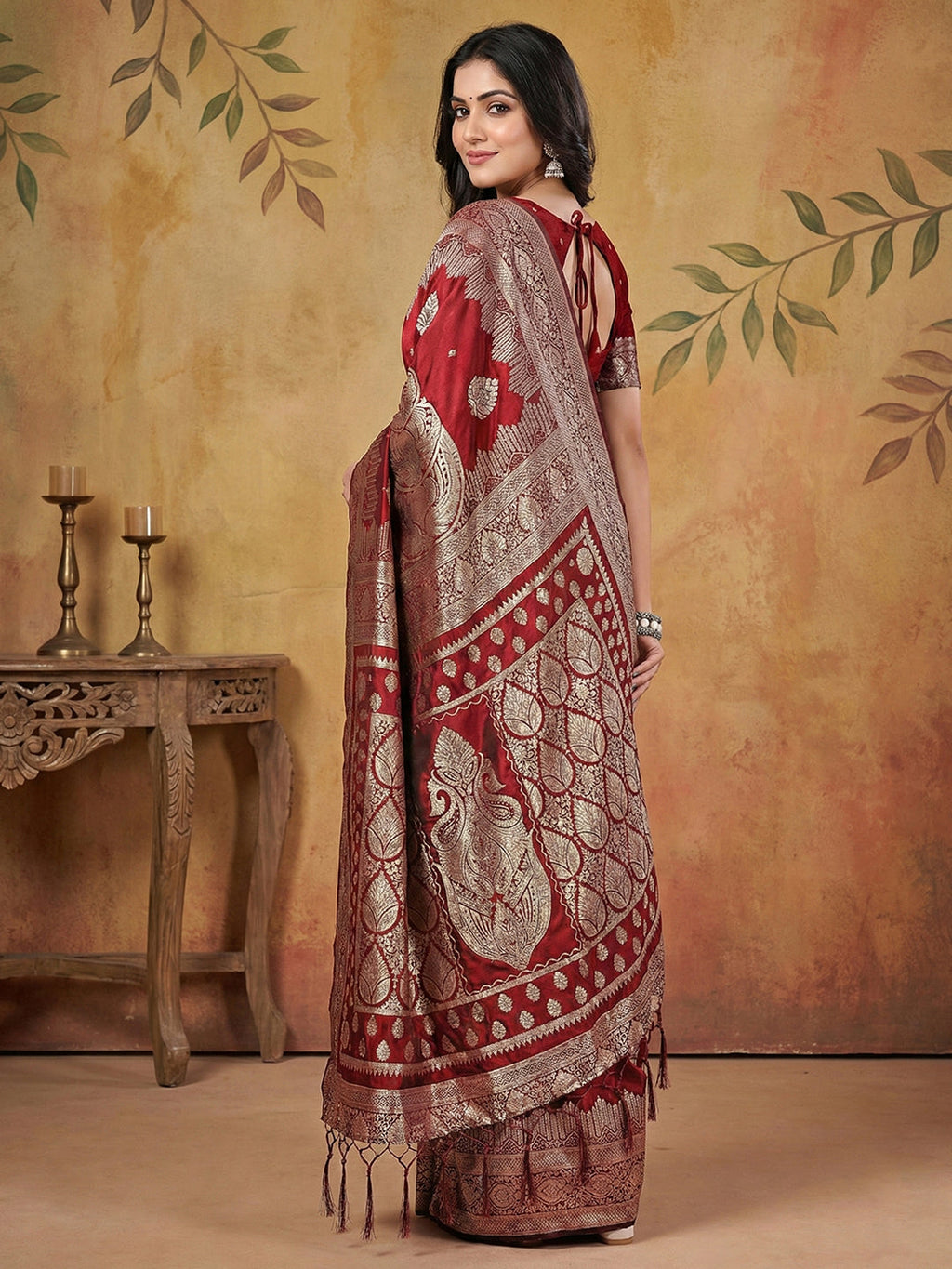 Anaita Maroon Silk Blend Woven Saree With Blouse
