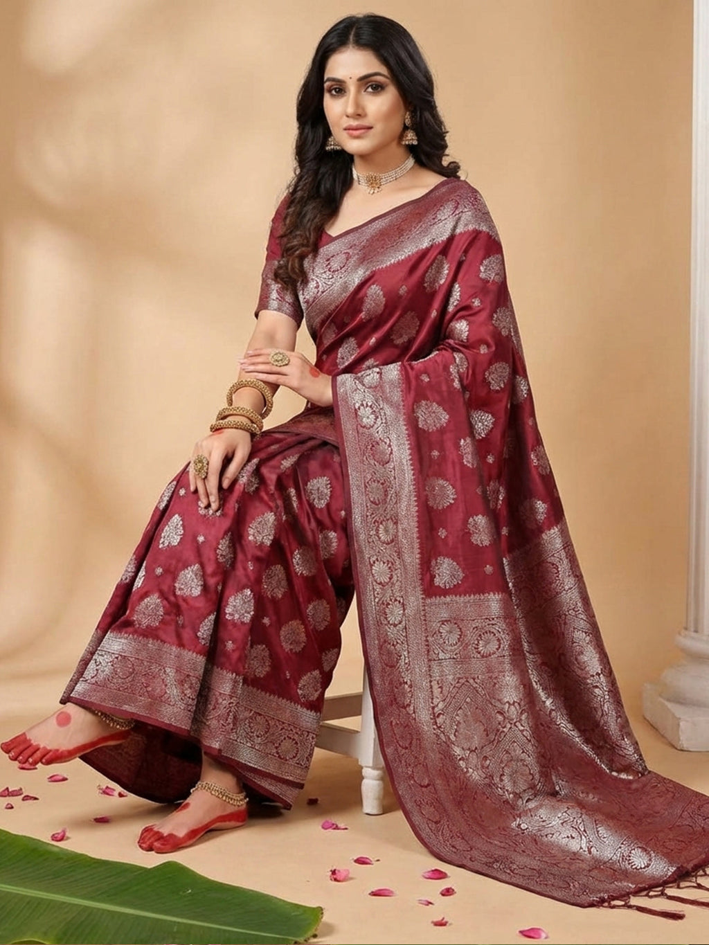 Anaita Maroon Silk Blend Woven Saree With Blouse
