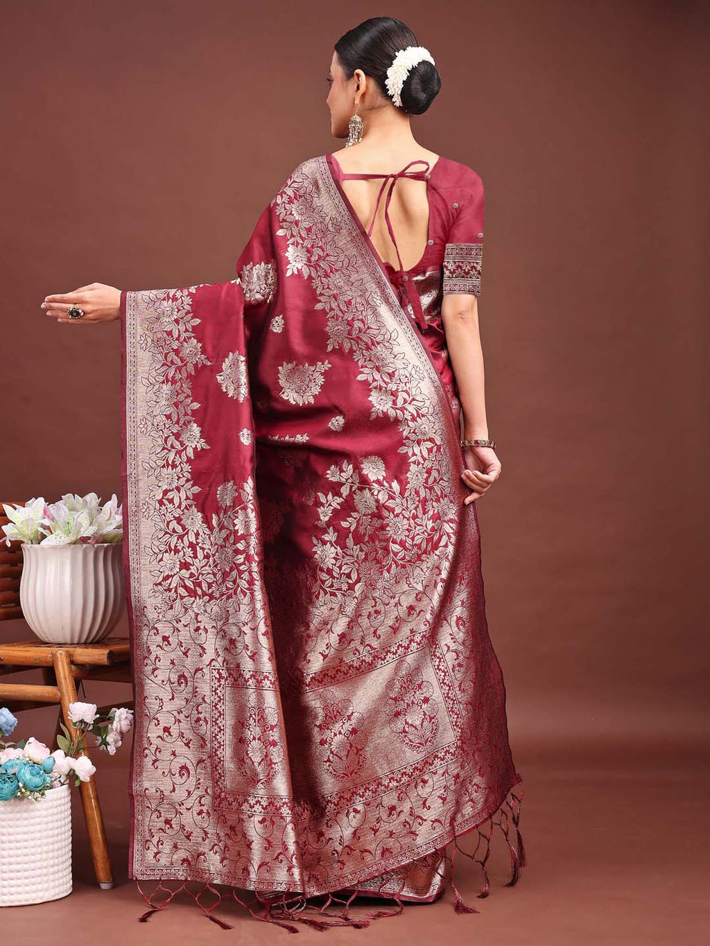 Anaita Maroon Banarasi Silk Woven Work Saree With Blouse