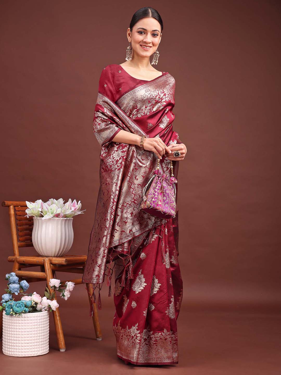 Anaita Maroon Banarasi Silk Woven Work Saree With Blouse