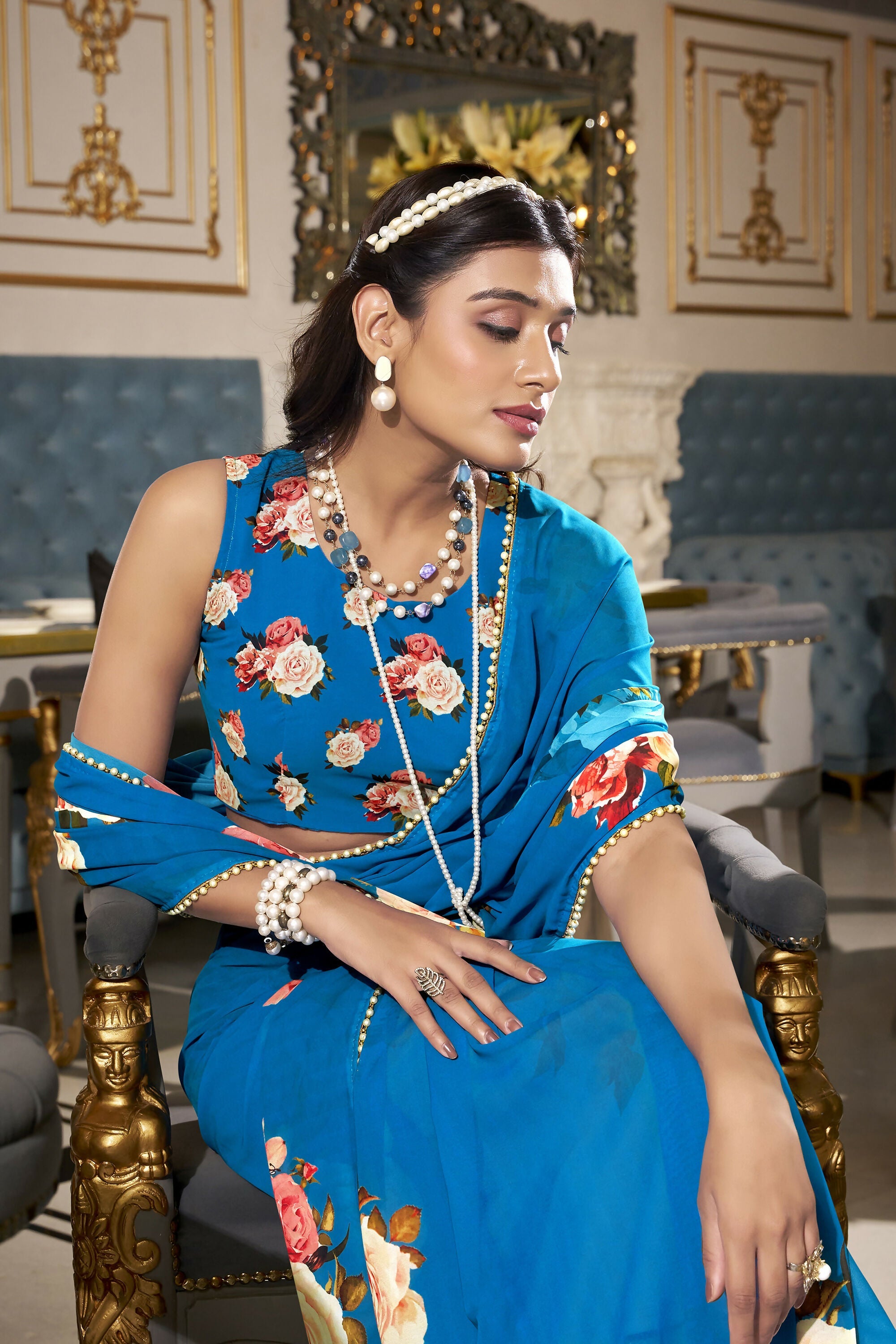 Vastranavya Firozi Spectacular Georgette Printed with Pearl Lace Saree with Unstitched Blouse