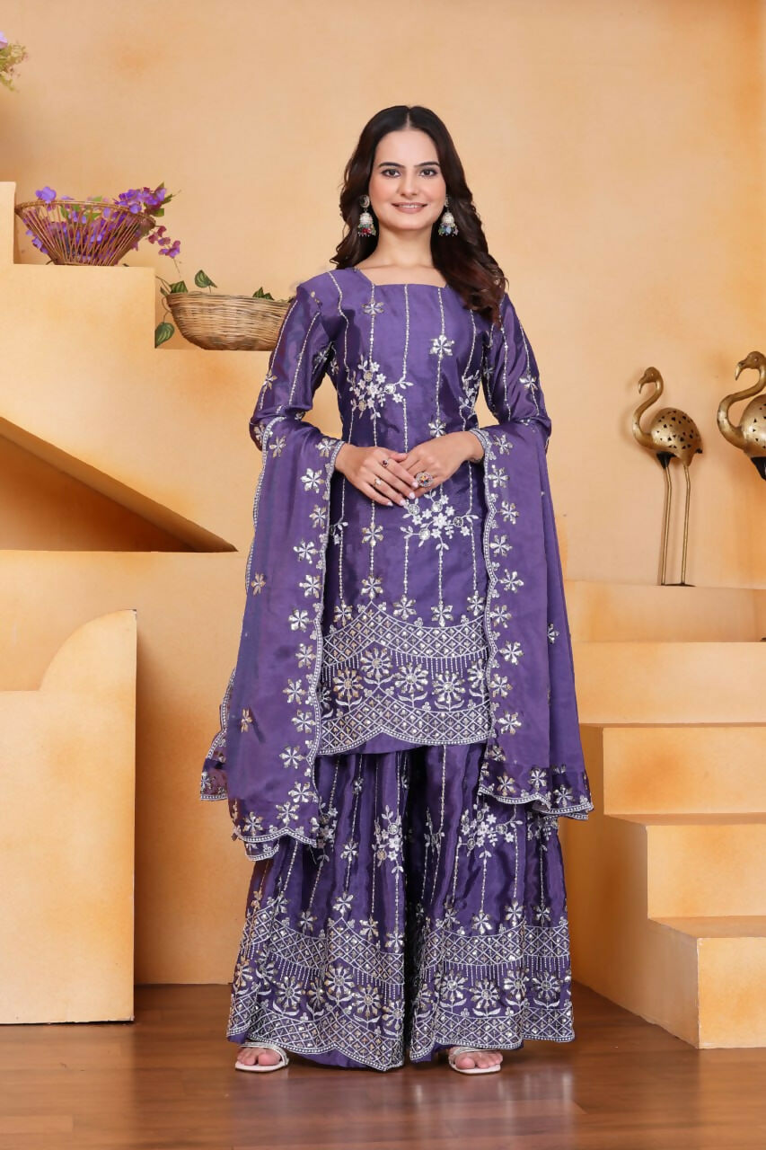 Teeya Creation Lavender Color Chinon Silk Wedding Wear Trending Palazzo Set