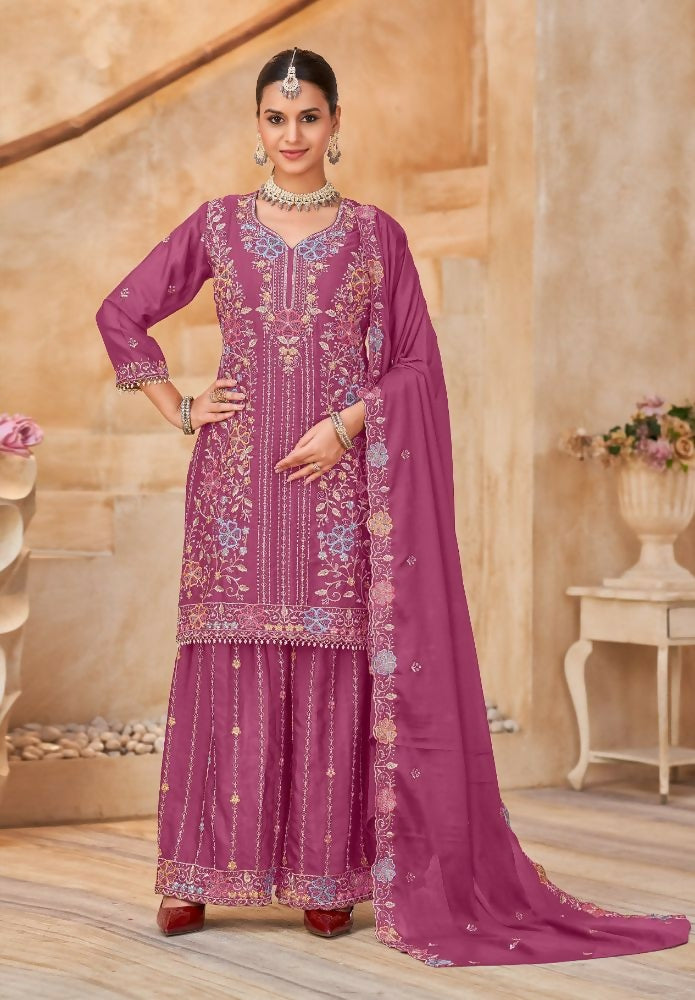 Anaita Magenta Vichitra Silk Readymade Palazzo Suit with Embroidery & Lace Work