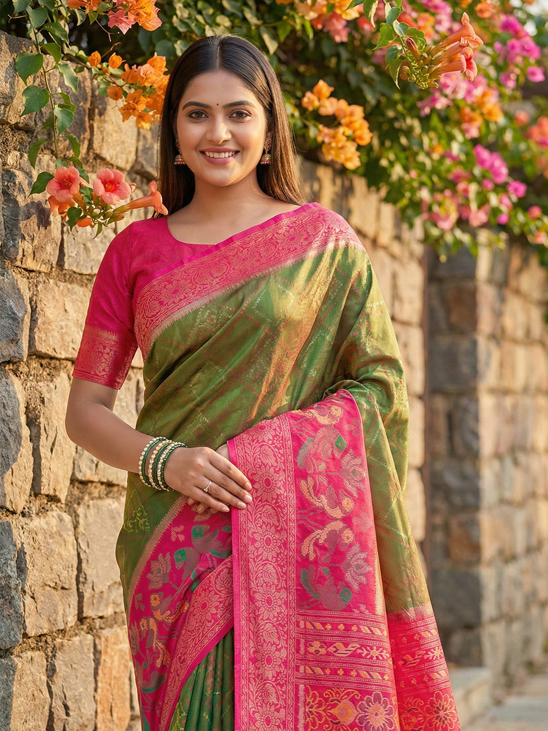 Anaita Mehendi Pochampally Printed Saree With Blouse
