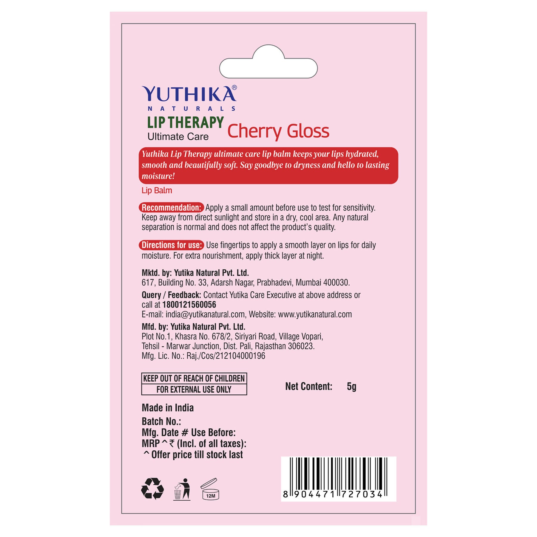 Yuthika Moisturizing Lip Balm – Cherry Gloss