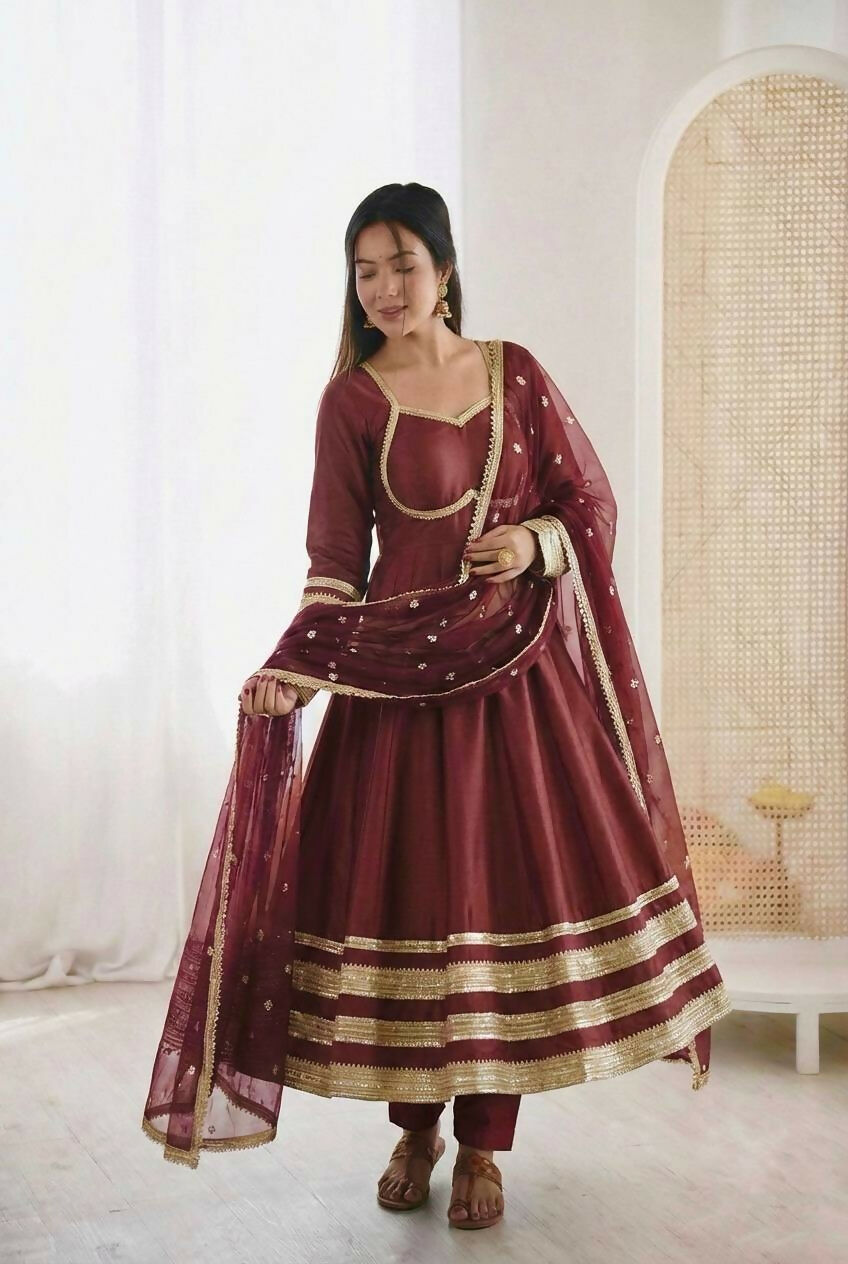 Teeya Creation Maroon Cosmos Gold Lace Work Party Wear Gown
