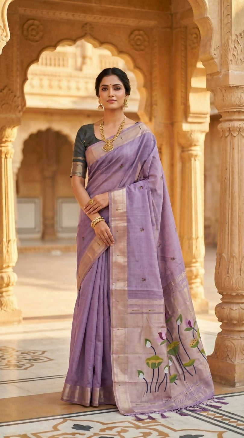 Vastranavya Lavender Muga Cotton Meenakari & Munia Weaving Pallu Saree with Contrast Blouse
