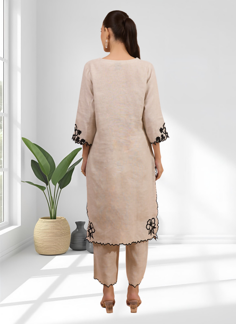 Joban Fashion Beige Linen Embroidered Readymade Long Kurta With Pant