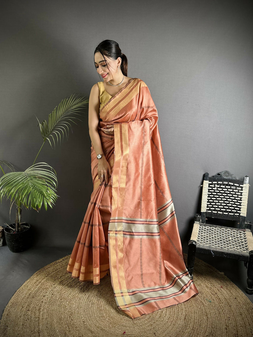 Joban Fashion Peach Woven Pattern Raw Silk Kanjivaram Silk Saree