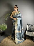 Joban Fashion Dark Grey Woven Pattern Raw Silk Kanjivaram Silk Saree