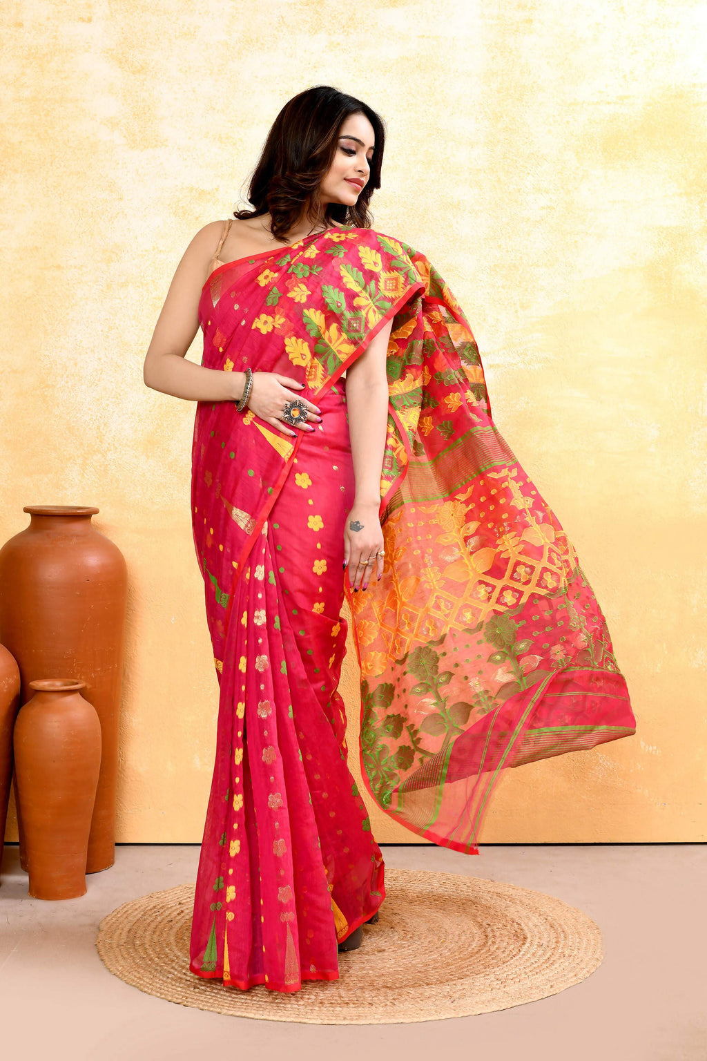 Piyari Fashion Women's Red Embellished Cotton Blend Jamdani Saree