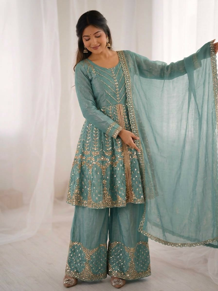 Teeya Creation New Womens Trendy Embroidery Sequence Work Teal Kurta Set